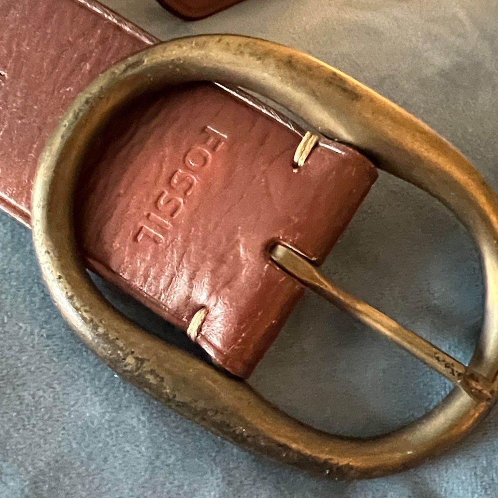 Fossil Dark Brown Leather Belt with Antique Brass Buckle